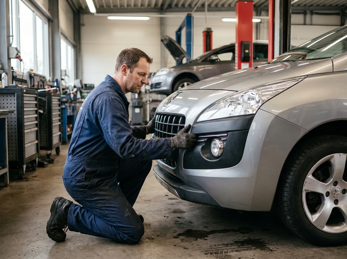 Technicien automobile installant un nouveau bouclier avant sur une Peugeot 3008 dans un atelier de réparation professionnel