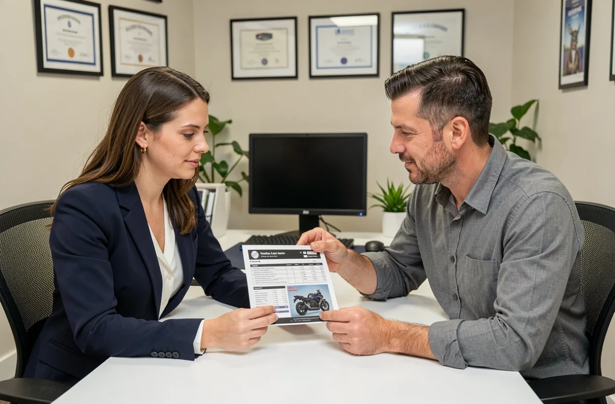 Un couple discute d'une offre d'assurance moto avec un conseiller dans un bureau d'assurance