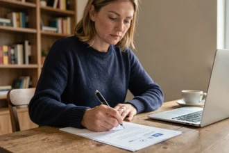Femme signant un document de résiliation d'assurance auto à son domicile