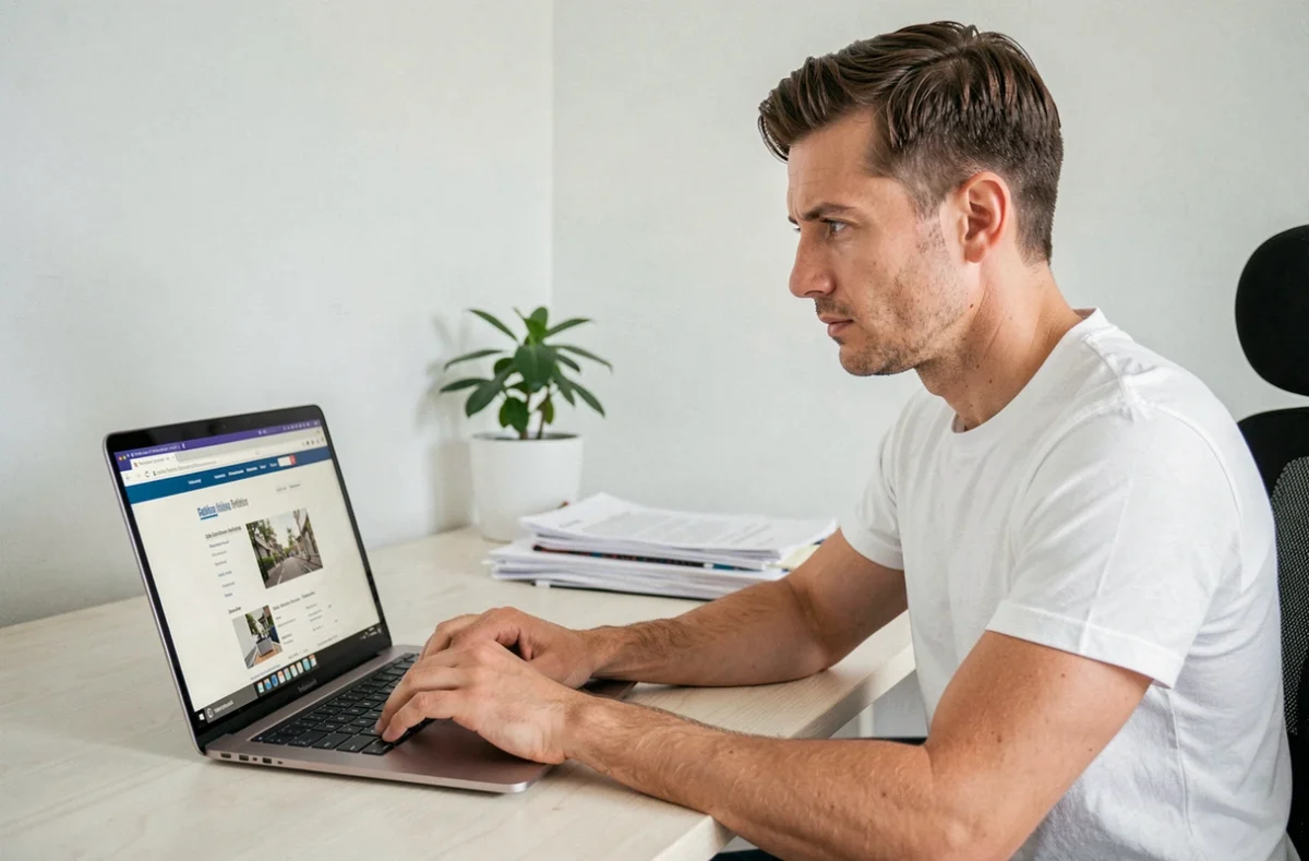 Homme effectuant une résiliation d'assurance auto en ligne depuis son bureau