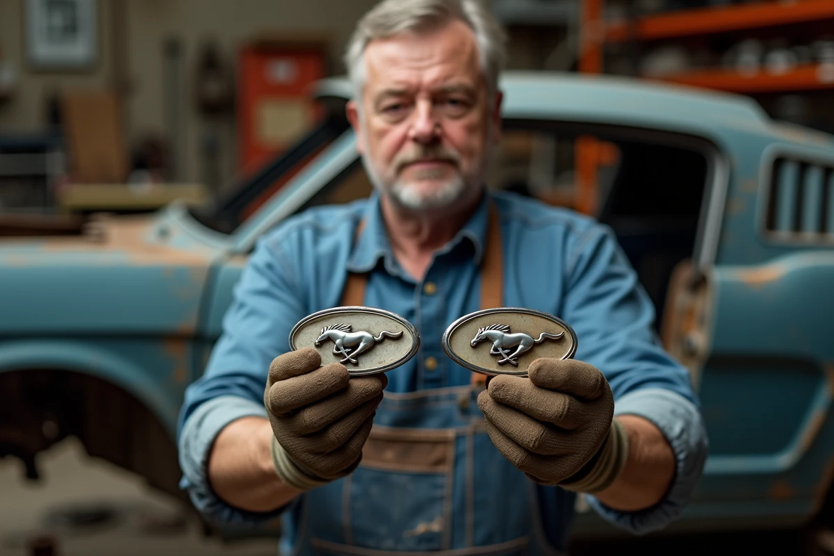 Restaurateur automobile comparant deux logos Ford Mustang originaux et reproduction dans un atelier spécialisé