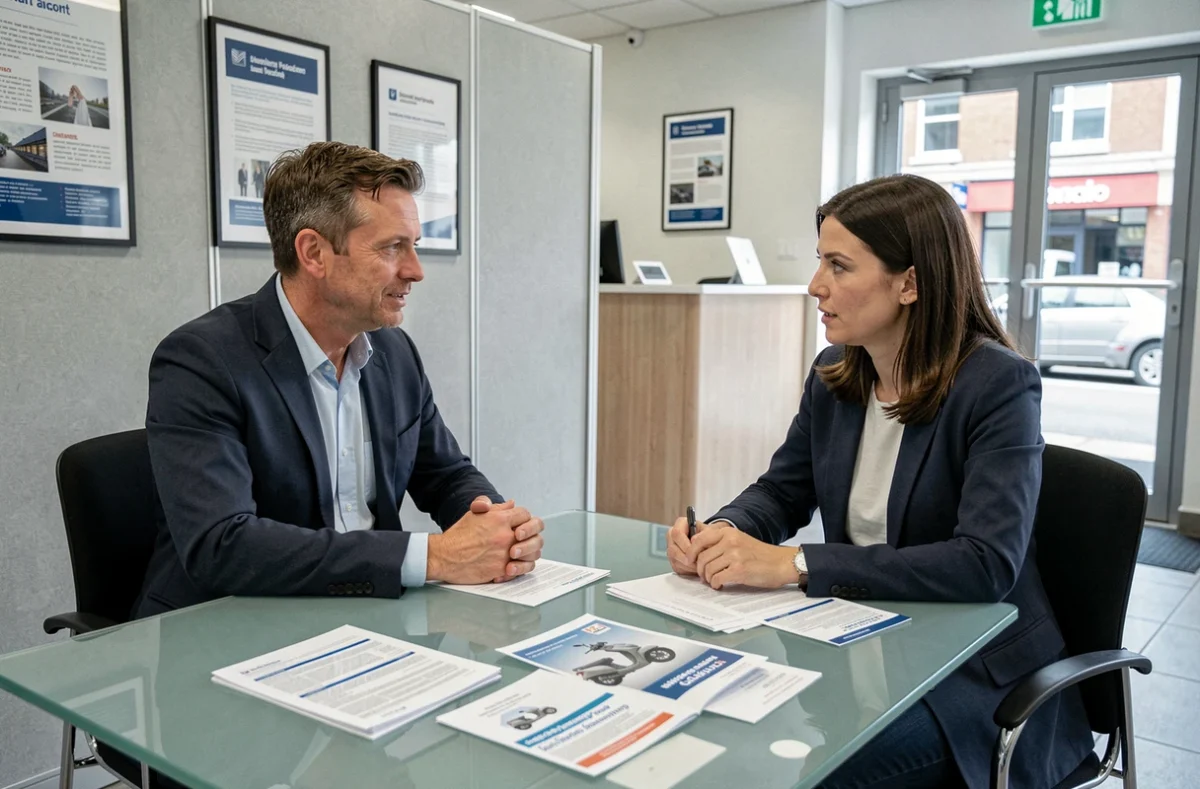 Deux personnes discutant des options d'assurance scooter Belfius avec des brochures dans une agence d'assurance moderne