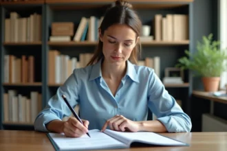 Femme adulte révisant le code de la route avec un livret officiel à son bureau à domicile