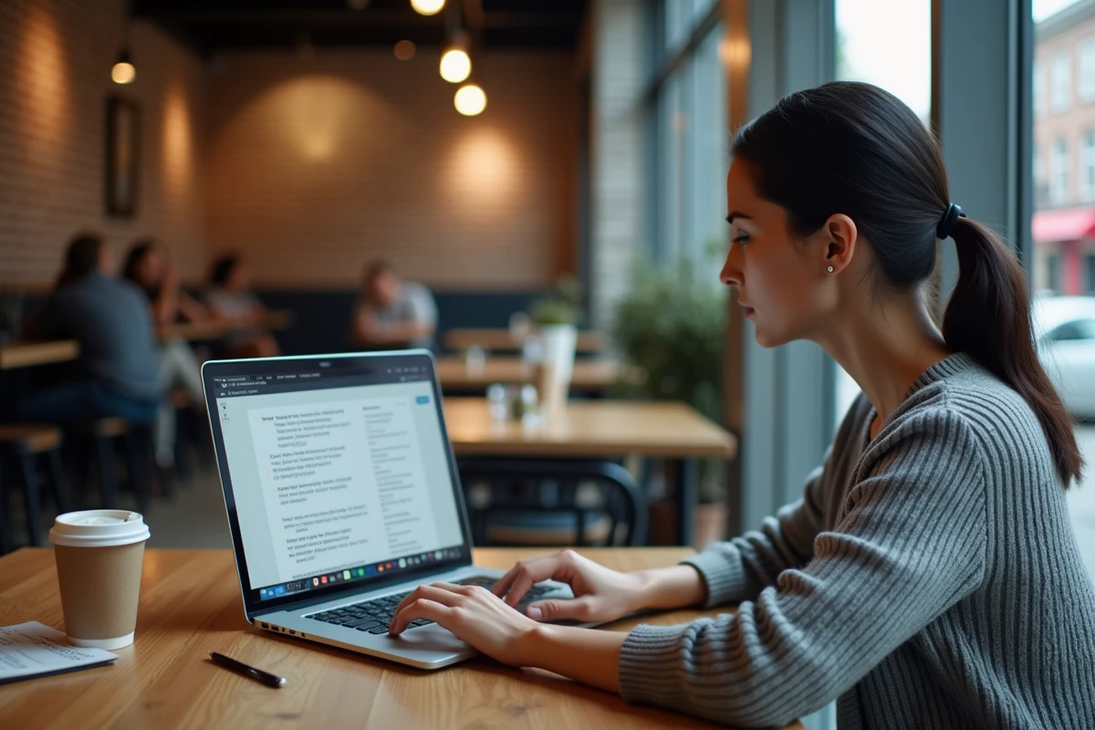 Femme révisant les séries de questions du code de la route en PDF sur un ordinateur portable dans un café