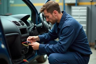 Technicien automobile examinant le faisceau de câbles colorés d'un autoradio Peugeot 206 dans un atelier mécanique
