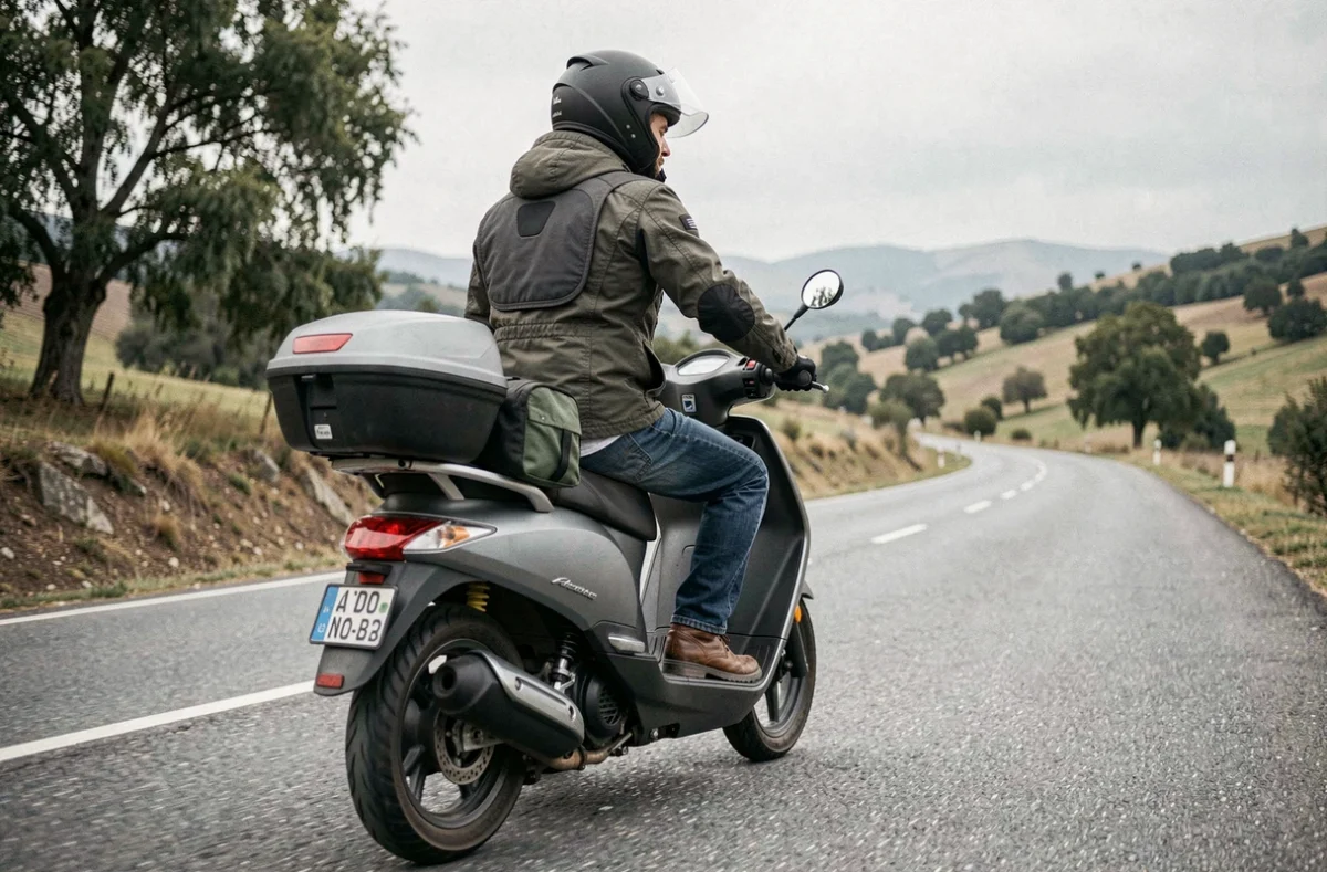 Homme en équipement de sécurité conduisant un scooter 125cc chargé pour un long trajet sur une route de campagne