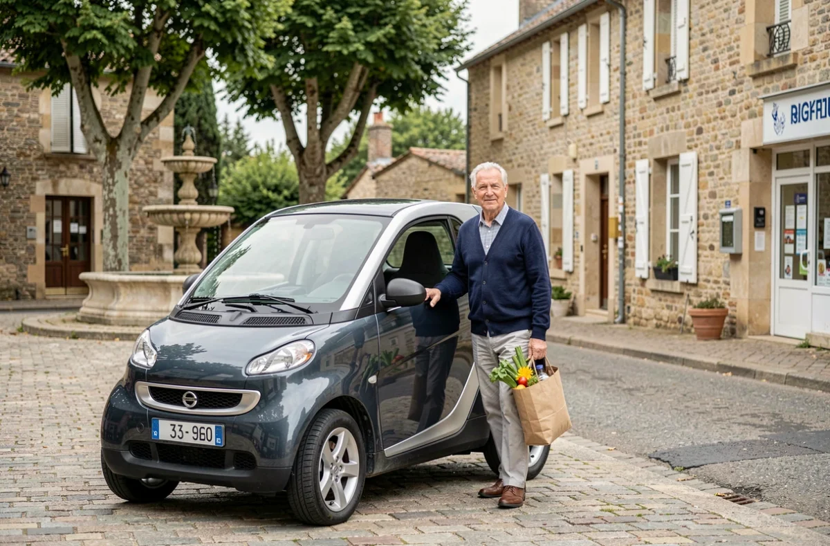 Senior sortant d'une voiture sans permis électrique devant une pharmacie de village