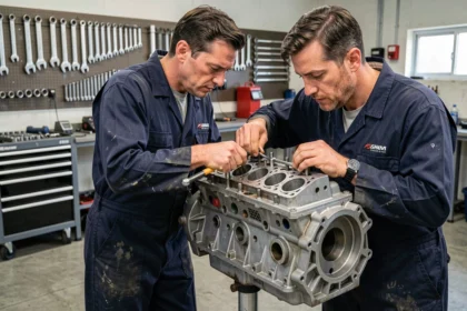 Mécanicien serrant les boulons de culasse d'un moteur préparé avec une clé dynamométrique dans un atelier de compétition automobile