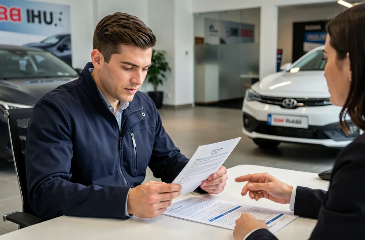 Jeune homme lisant ses documents d'assurance voiture chez un concessionnaire automobile