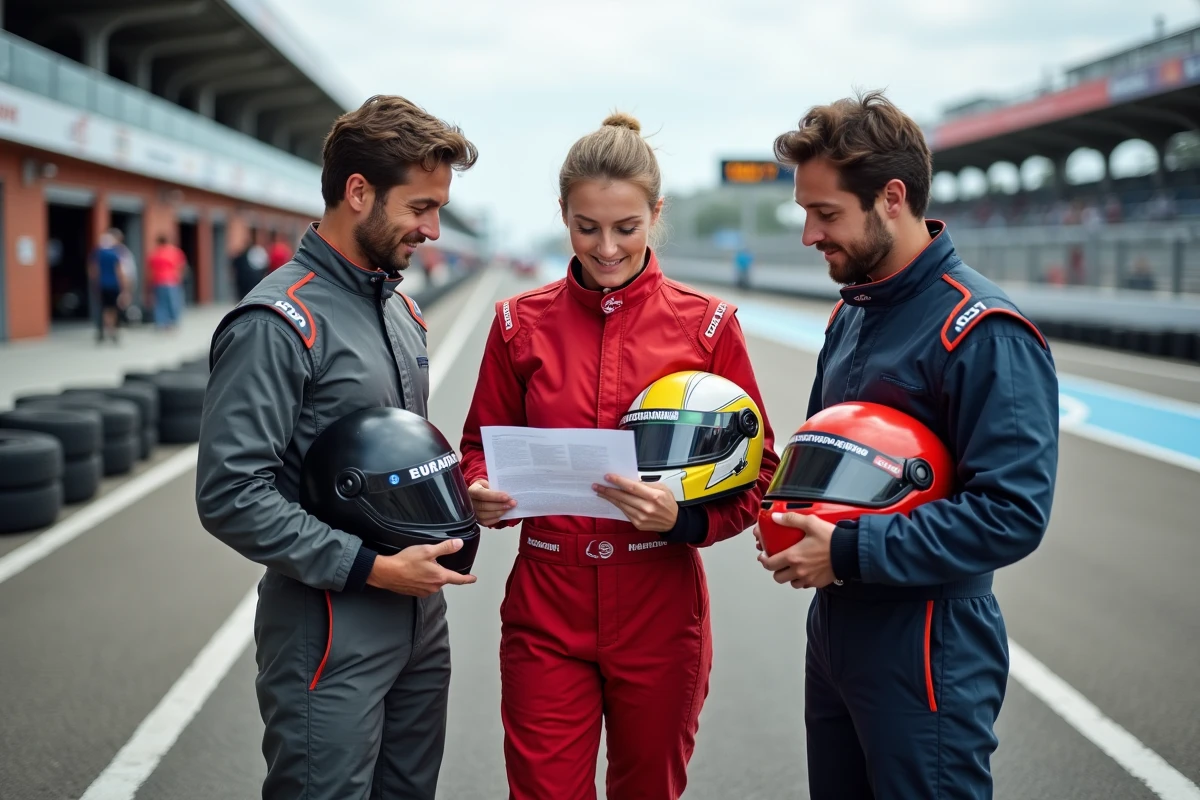 Participants d'un stage de pilotage en combinaison étudiant le briefing dans le paddock d'un circuit automobile