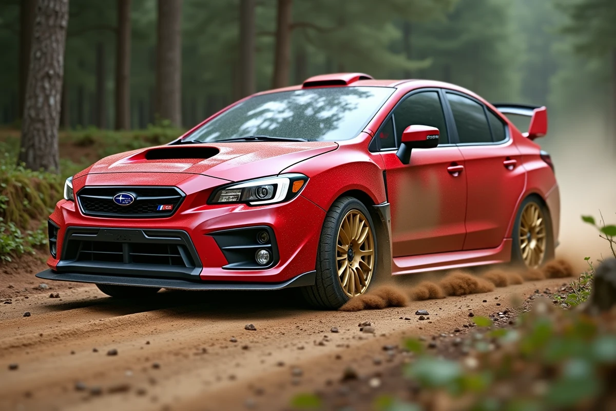 Subaru Impreza STI rouge en dérive sur une piste de gravier avec poussière et graviers en suspension