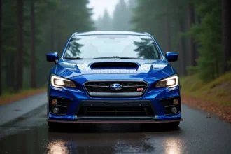Subaru Impreza WRX bleu nuit sur une route de montagne mouillée entourée de forêt de pins