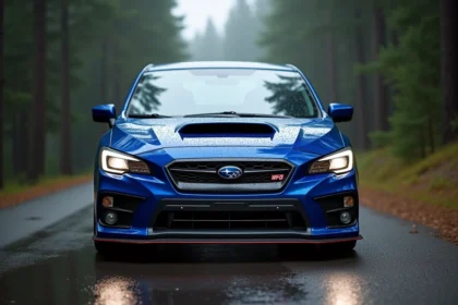 Subaru Impreza WRX bleu nuit sur une route de montagne mouillée entourée de forêt de pins