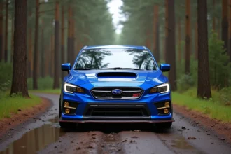 Subaru Impreza WRX STI bleu WRC garée sur une route forestière boueuse, vue 3/4 avant mettant en valeur l'écope de capot et les jantes dorées