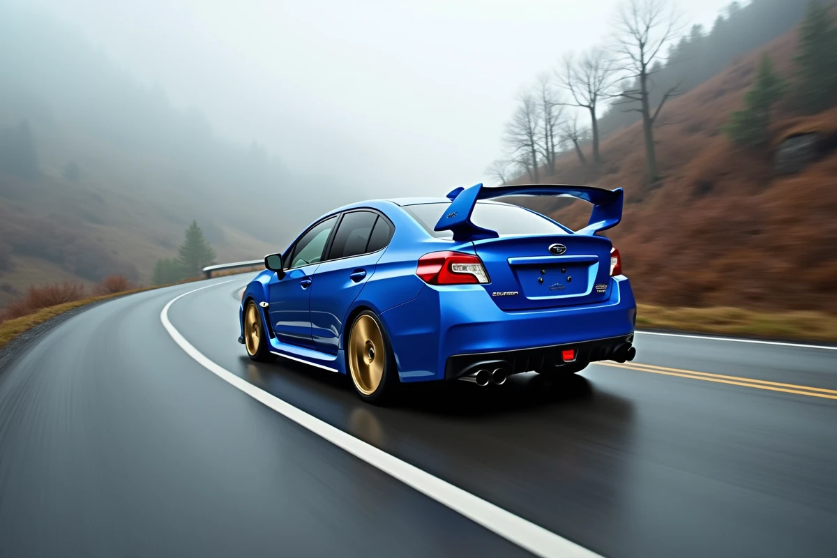 Subaru WRX STI en accélération sur un col de montagne brumeux, photo filée capturant la vitesse et l'héritage rallye de la voiture de route