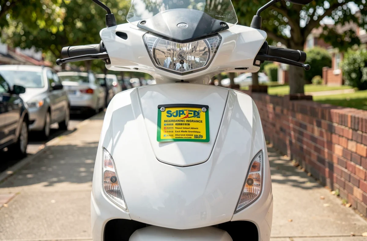 Support vignette assurance correctement installé sur un maxi-scooter blanc garé en zone résidentielle
