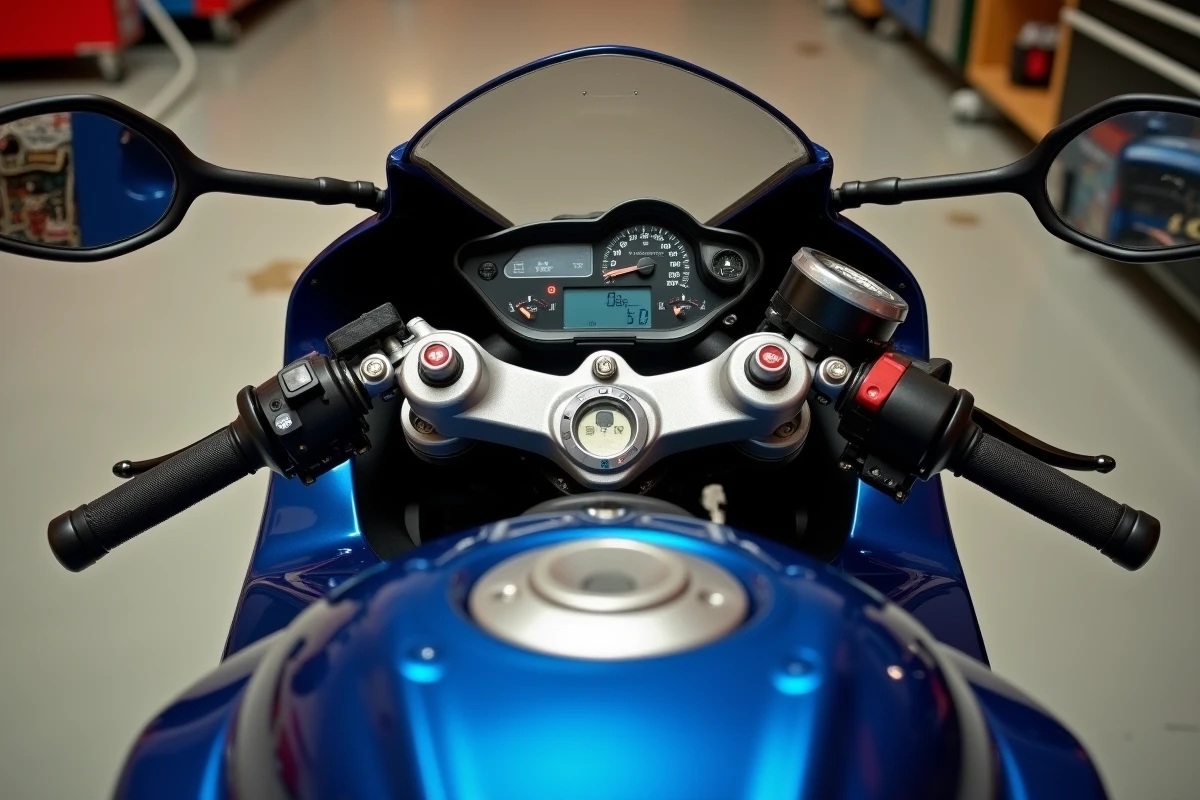 Gros plan sur le tableau de bord et le guidon d'une Suzuki GSX-R 750 avec sticker de conformité permis A2