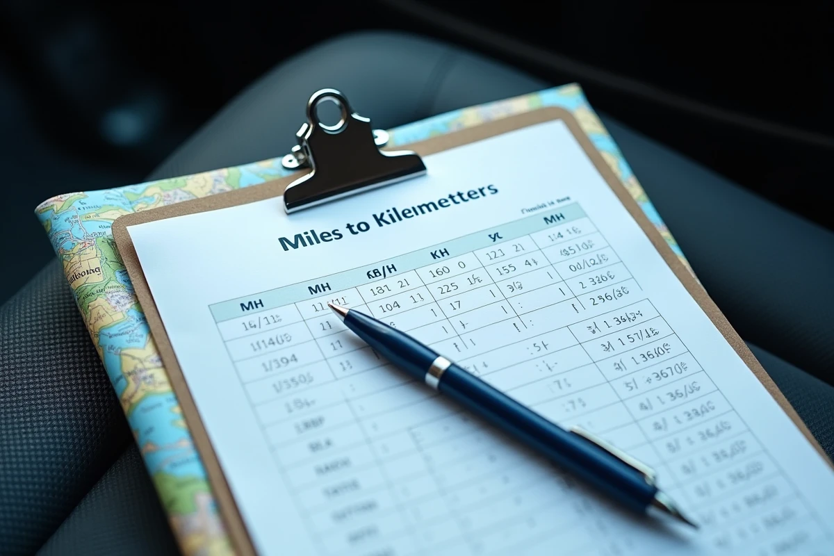 Tableau de conversion imprimé miles par heure en kilomètres par heure posé sur un presse-papiers dans un habitacle de voiture avec une carte routière