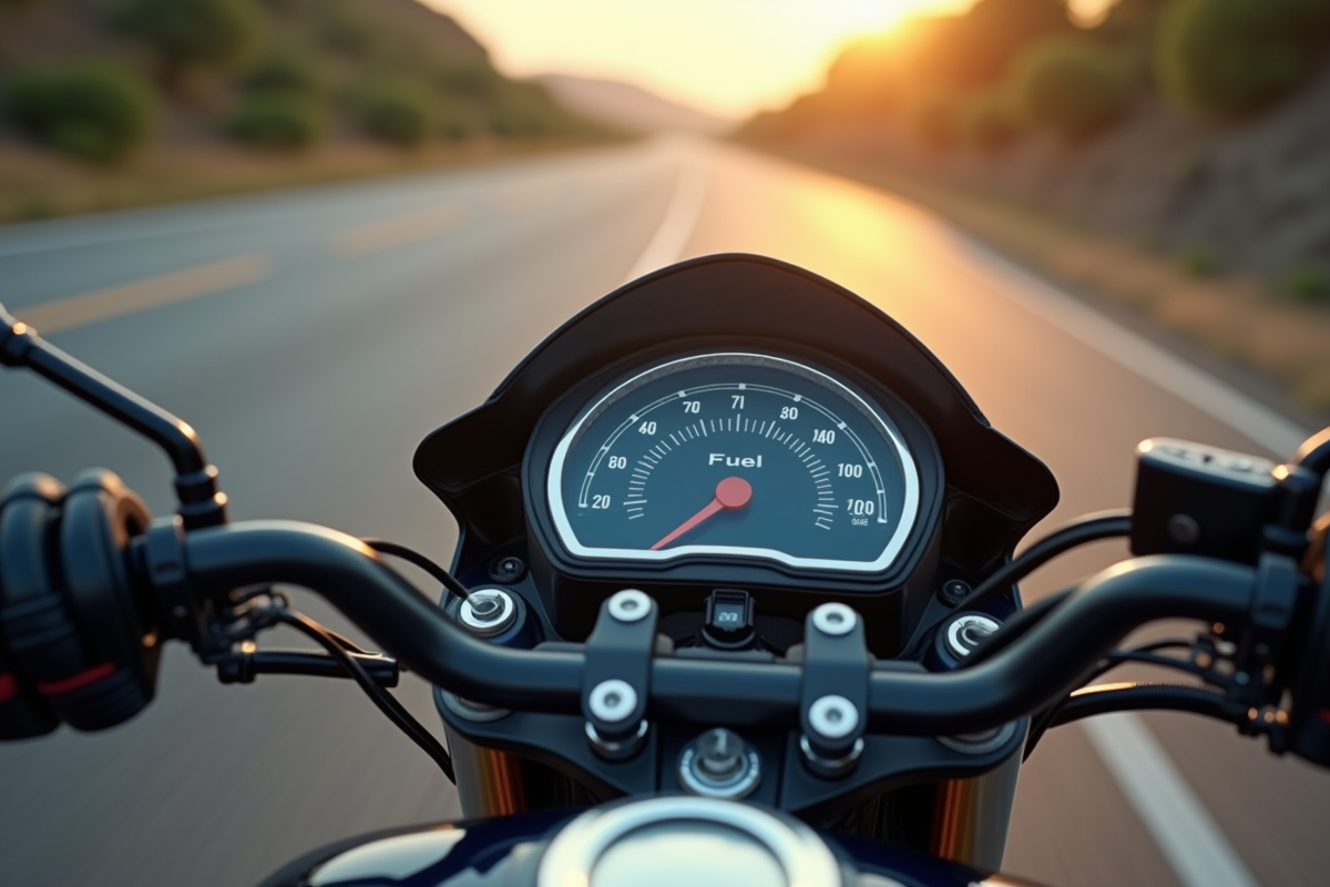 Vue rapprochée du tableau de bord d'une moto avec le compteur de carburant