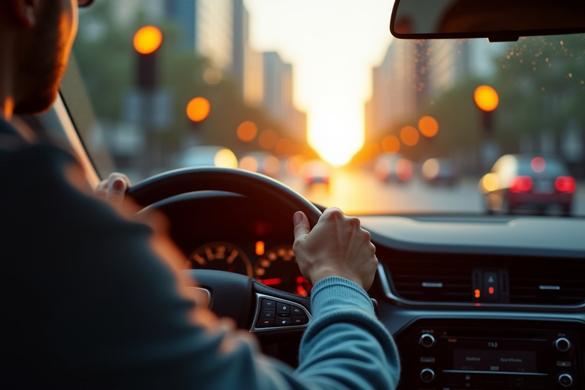 Détail du tableau de bord avec feu jaune visible devant le conducteur