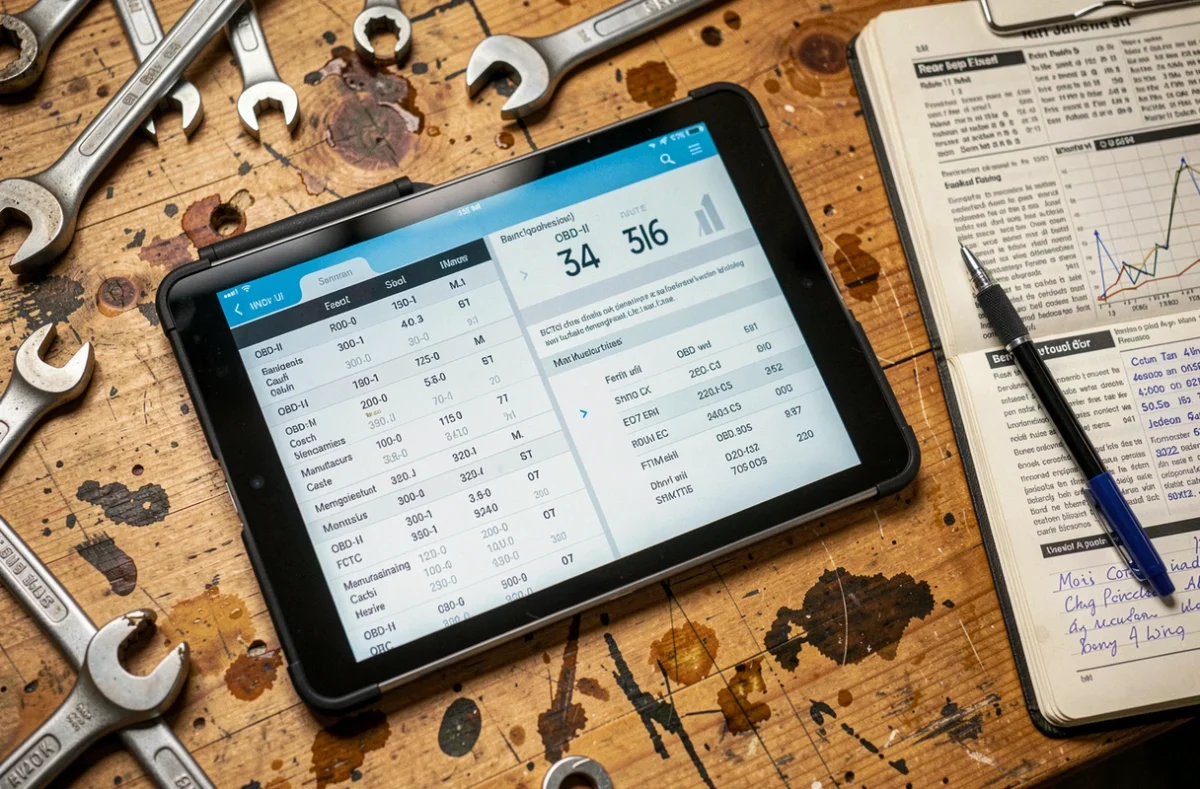 Tablette de diagnostic automobile affichant des codes DTC génériques et constructeurs côte à côte sur un établi de garage