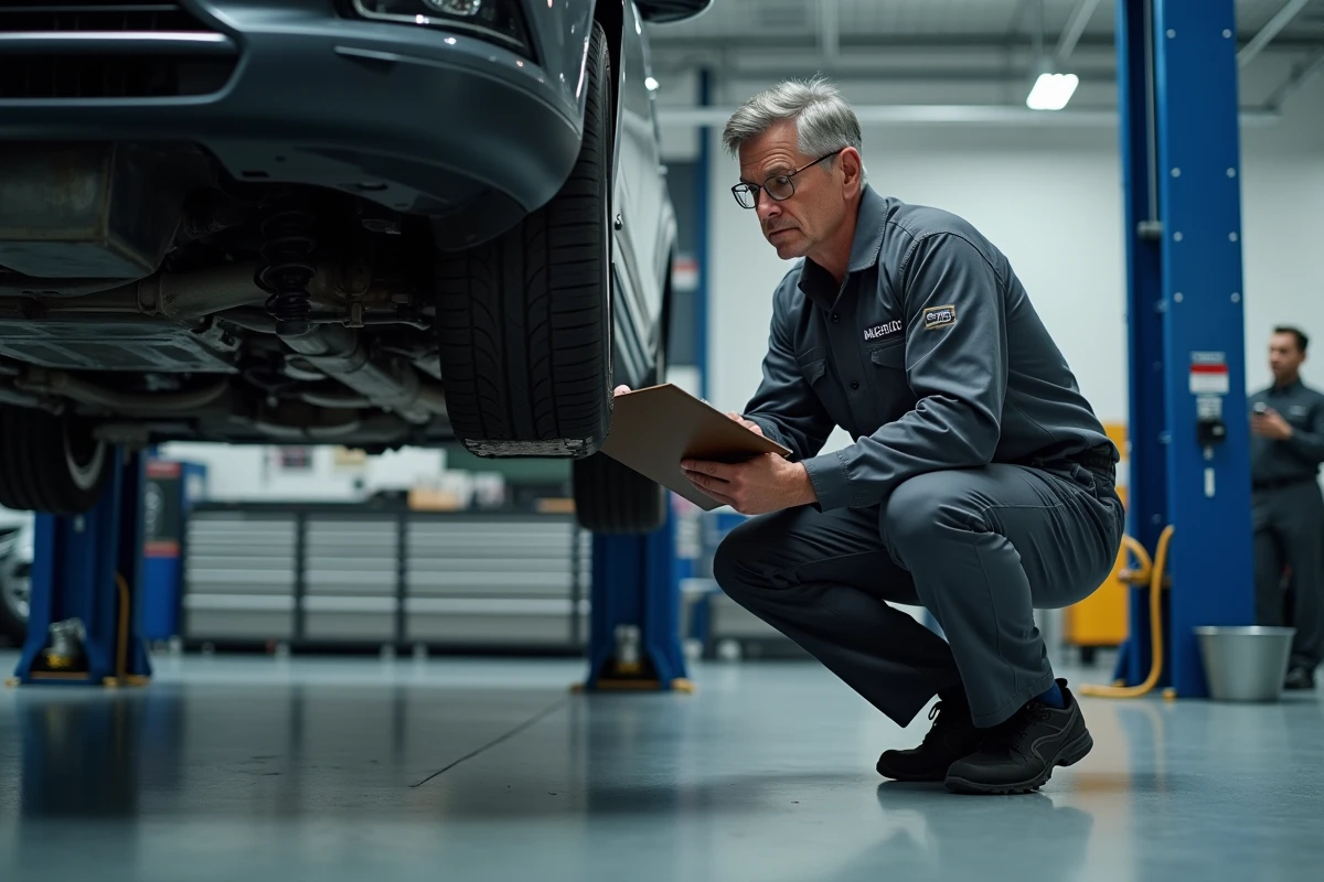 Technicien automobile professionnel inspectant le châssis d'une voiture dans un centre de service moderne