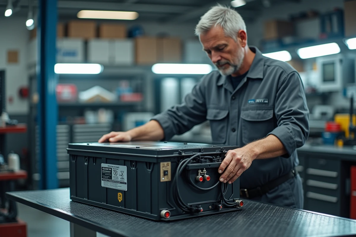 Technicien automobile manipulant la batterie hybride d'une Volkswagen Golf 7 GTE sur un établi de garage professionnel