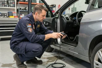 Technicien automobile branchant une valise de diagnostic OBD2 sur une Peugeot 1.6 HDI dans un garage professionnel