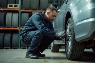 Technicien automobile inspectant les marquages d'un pneu hiver dans un atelier professionnel