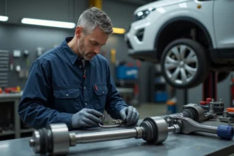 Technicien automobile inspectant un nouveau triangle de suspension et rotule BPGA dans un atelier professionnel