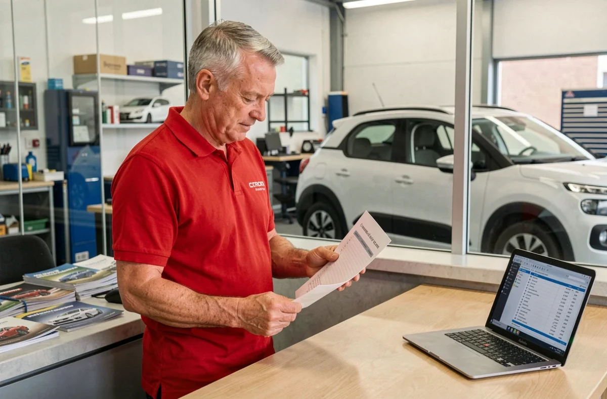 Technicien automobile vérifiant la liste des révisions d'une Citroën C3 lors d'un diagnostic de voyant orange