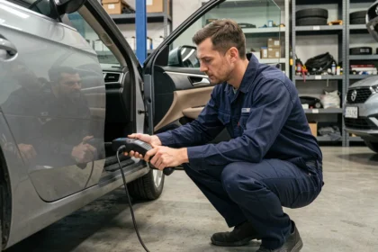 Technicien automobile connectant un scanner OBD-II sous le tableau de bord d'une voiture pour lire les codes DTC dans un garage professionnel
