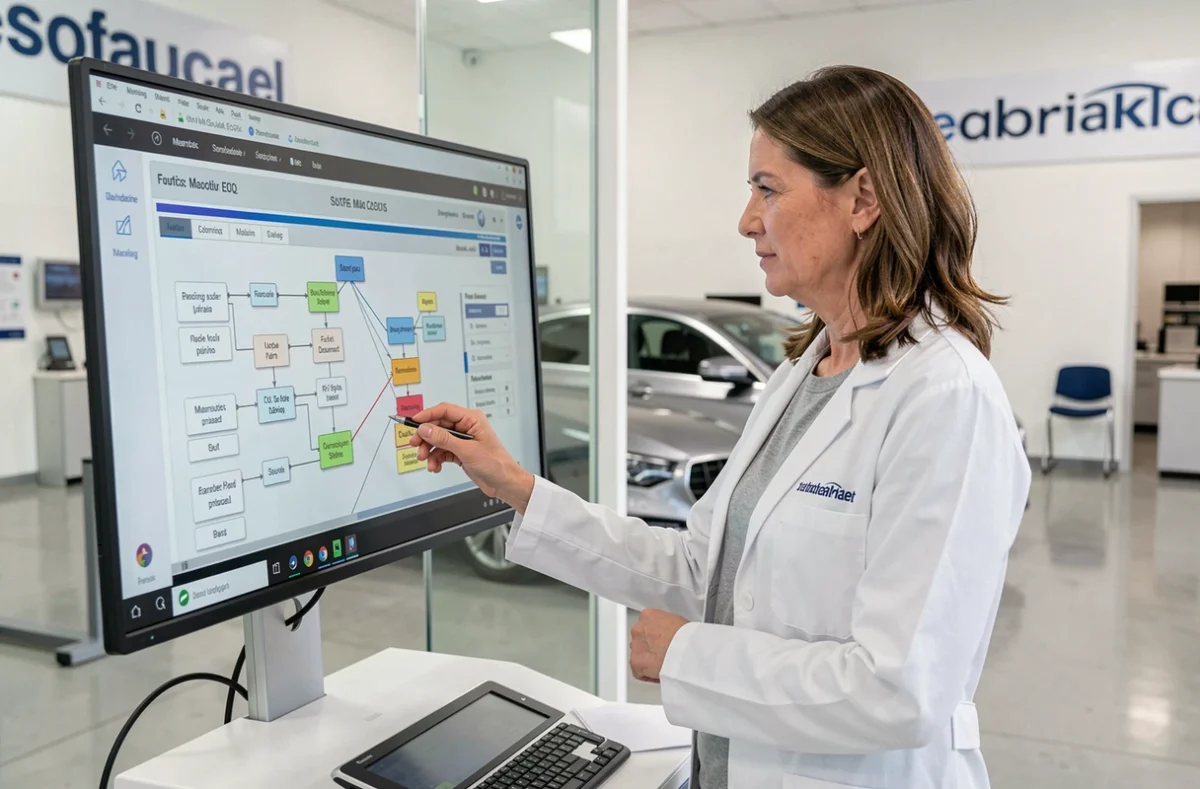Technicienne en centre de service agréé analysant les codes défaut constructeur sur un écran de diagnostic professionnel