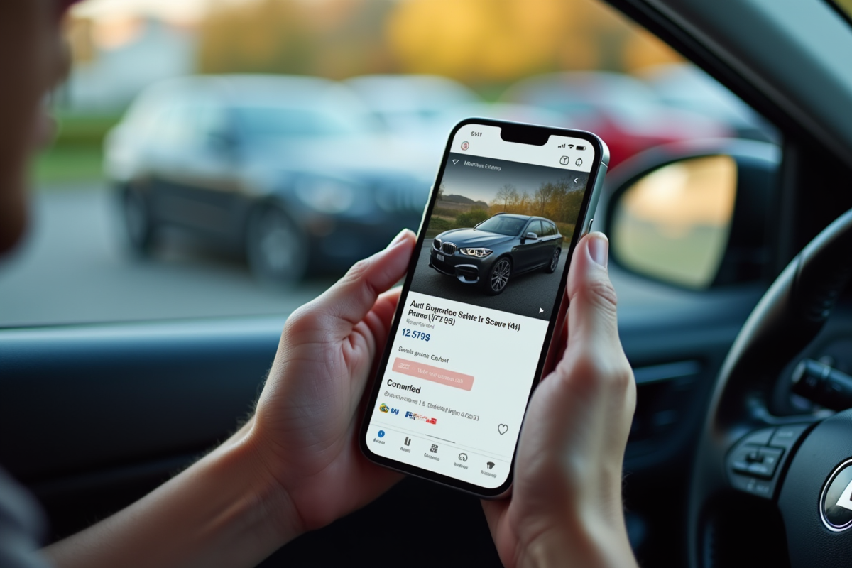 Mains tenant un smartphone affichant une annonce auto avec voitures à l