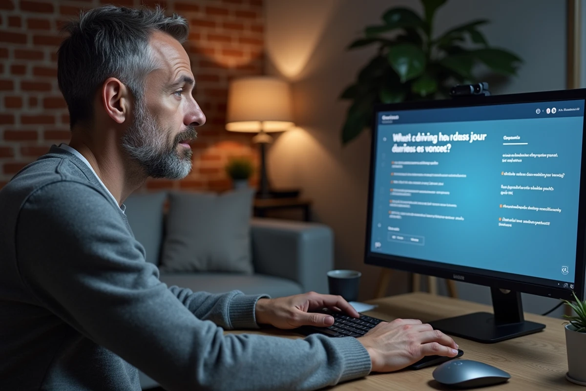 Homme de 45 ans passant un test de code de la route en ligne sur ordinateur chez lui