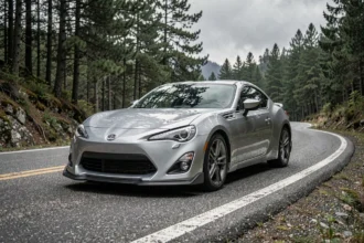 Toyota 86 argentée en virage sur une route de montagne sinueuse entourée de forêt de pins
