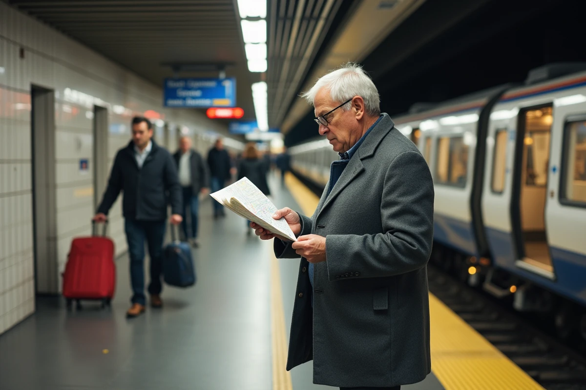 Voyageur consultant un plan du RER parisien sur un quai de gare pour rejoindre le Salon de l'automobile