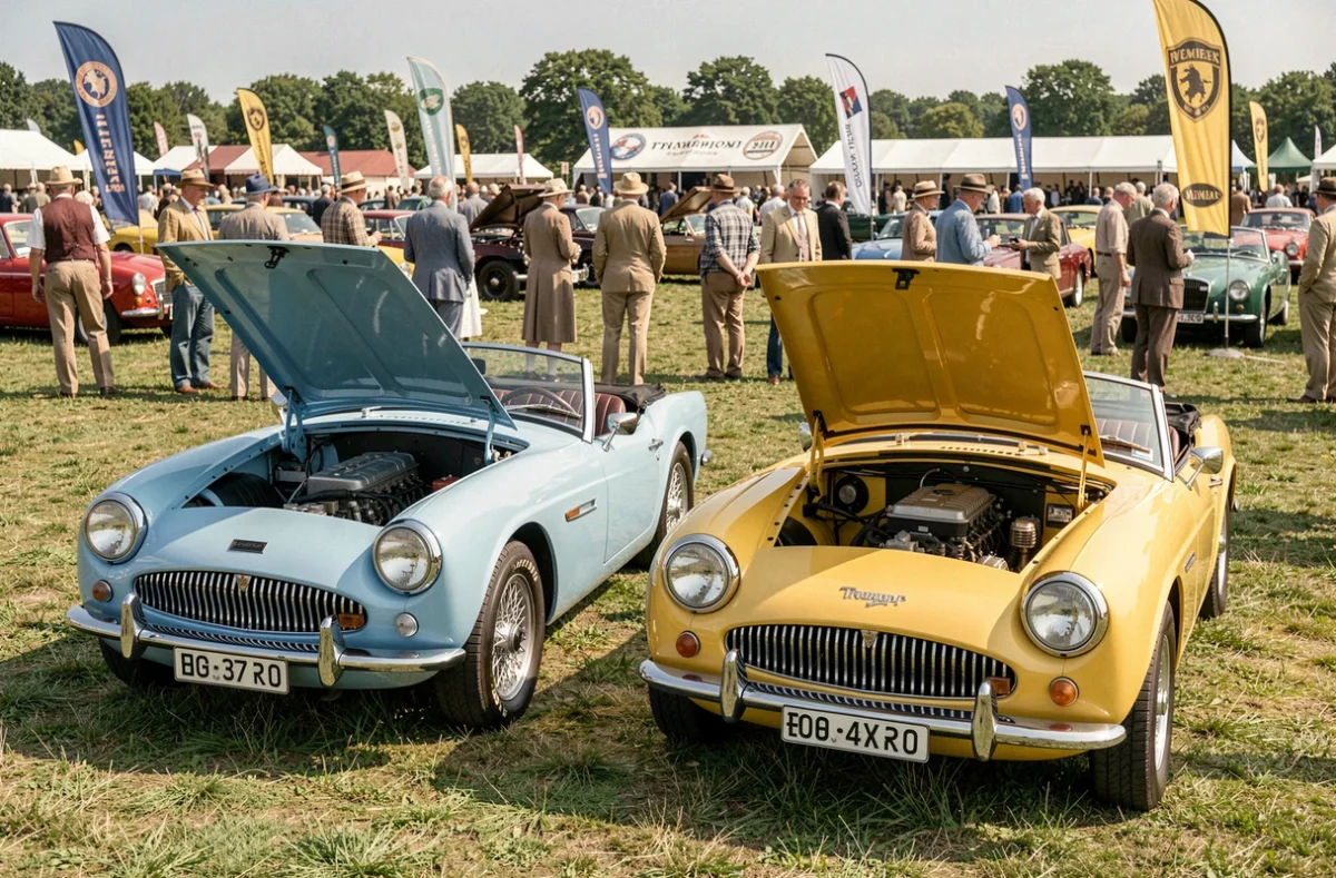 Deux Triumph TR3 bleu ciel et jaune primevère côte à côte lors d'un salon de voitures classiques