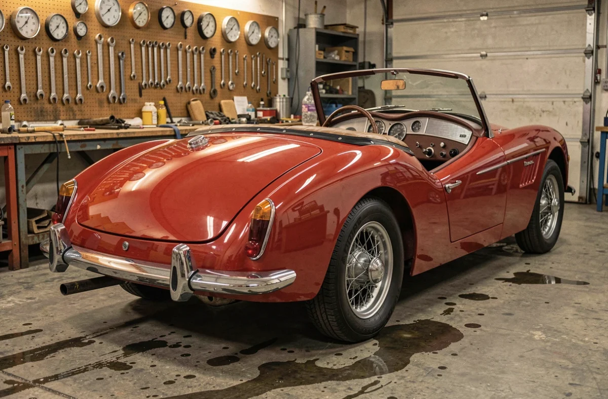 Triumph TR3 rouge Signal restauré dans un garage vintage avec outils d'époque