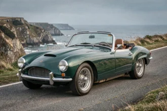 Triumph TR3 vert British Racing Green sur route côtière sinueuse, vue trois quarts avant