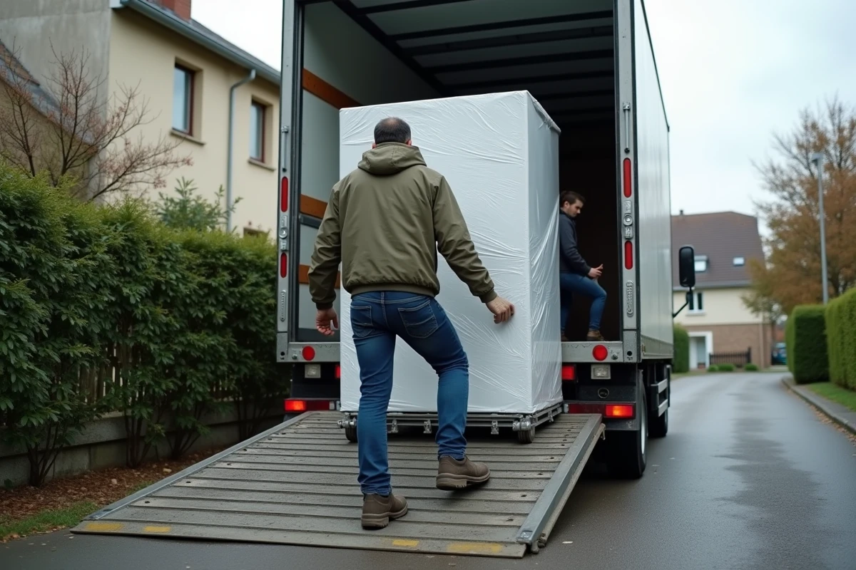 Déménageurs utilisant le hayon hydraulique d'un camion 20m3 de location pour descendre un électroménager devant une maison
