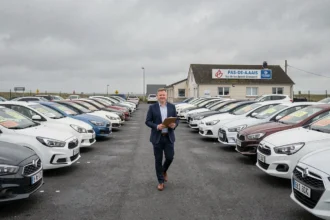 Rangées de voitures d'occasion dans un grand lot de concessionnaire du Pas-de-Calais sous un ciel nuageux typique du nord de la France