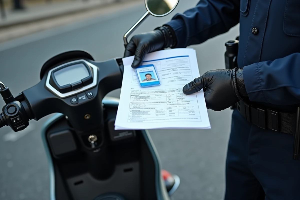 Gros plan sur la vérification des documents d'un scooter par un agent de police
