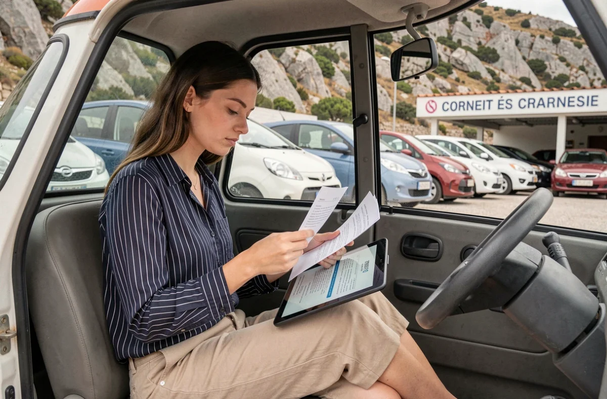 Jeune femme vérifiant les documents d'une voiture sans permis d'occasion chez un concessionnaire corse