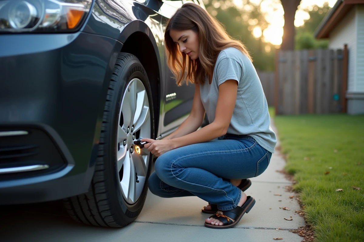 Femme vérifiant les pneus et les freins d'une Chevrolet Impala sur une allée résidentielle