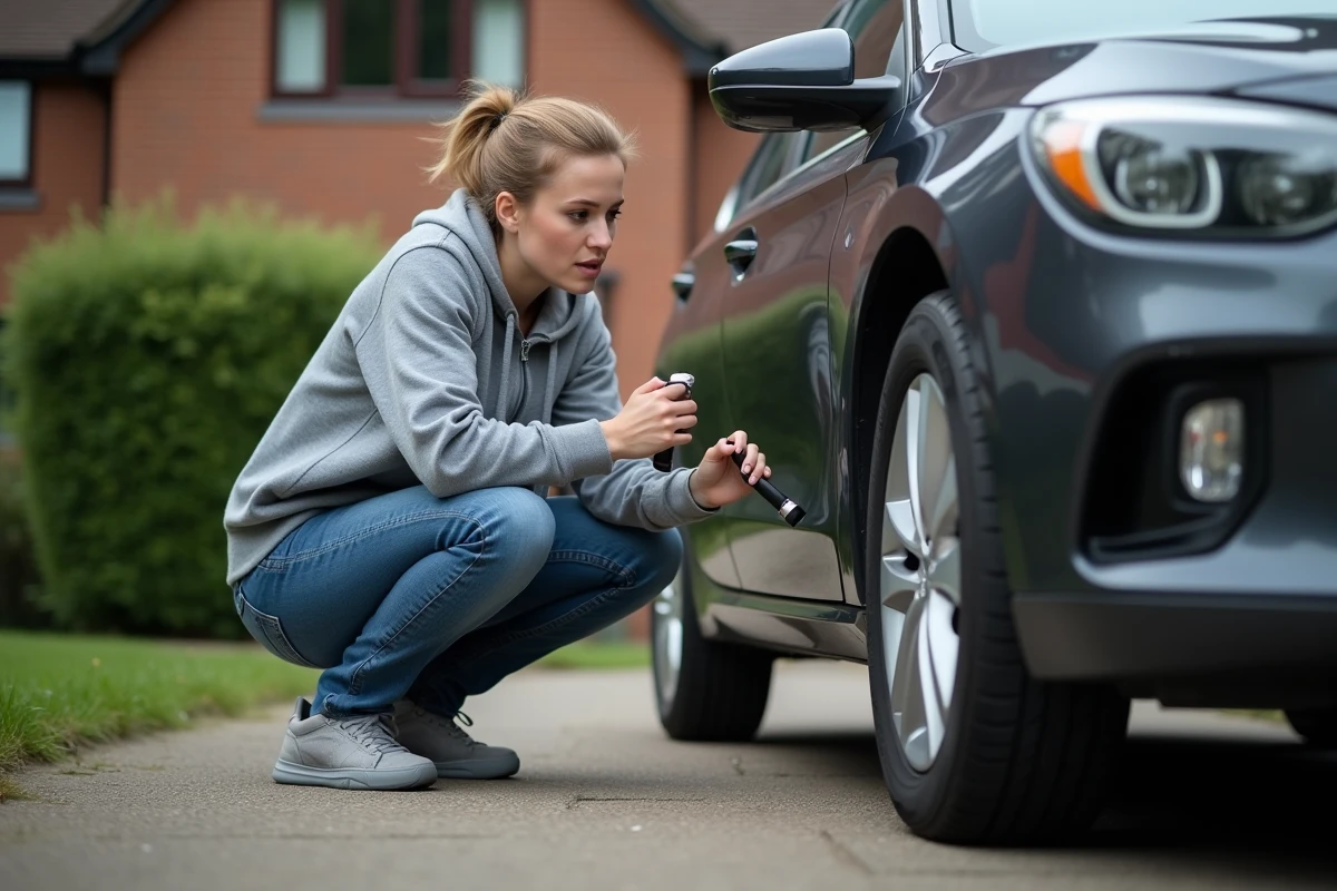 Femme vérifiant les pièces de suspension de sa voiture dans une allée résidentielle pour prévenir la casse du BPGA