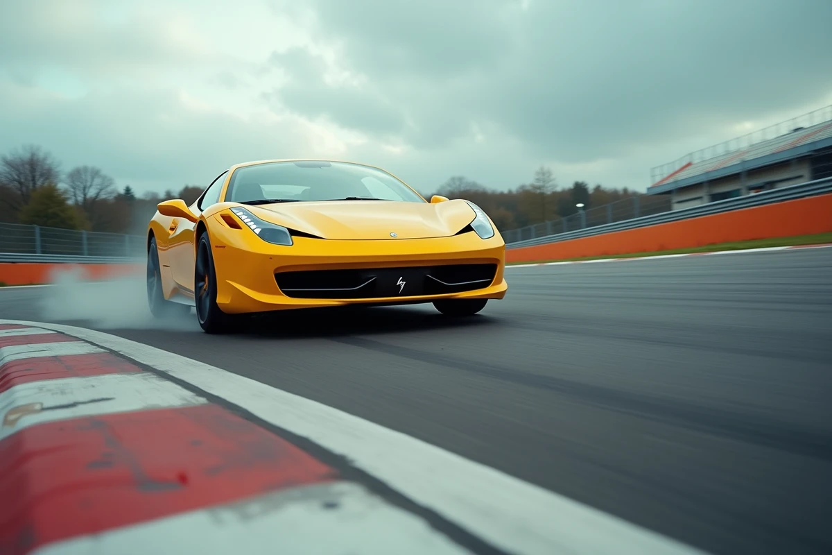 Voiture de sport jaune en pleine accélération dans un virage lors d'un stage de pilotage sur circuit