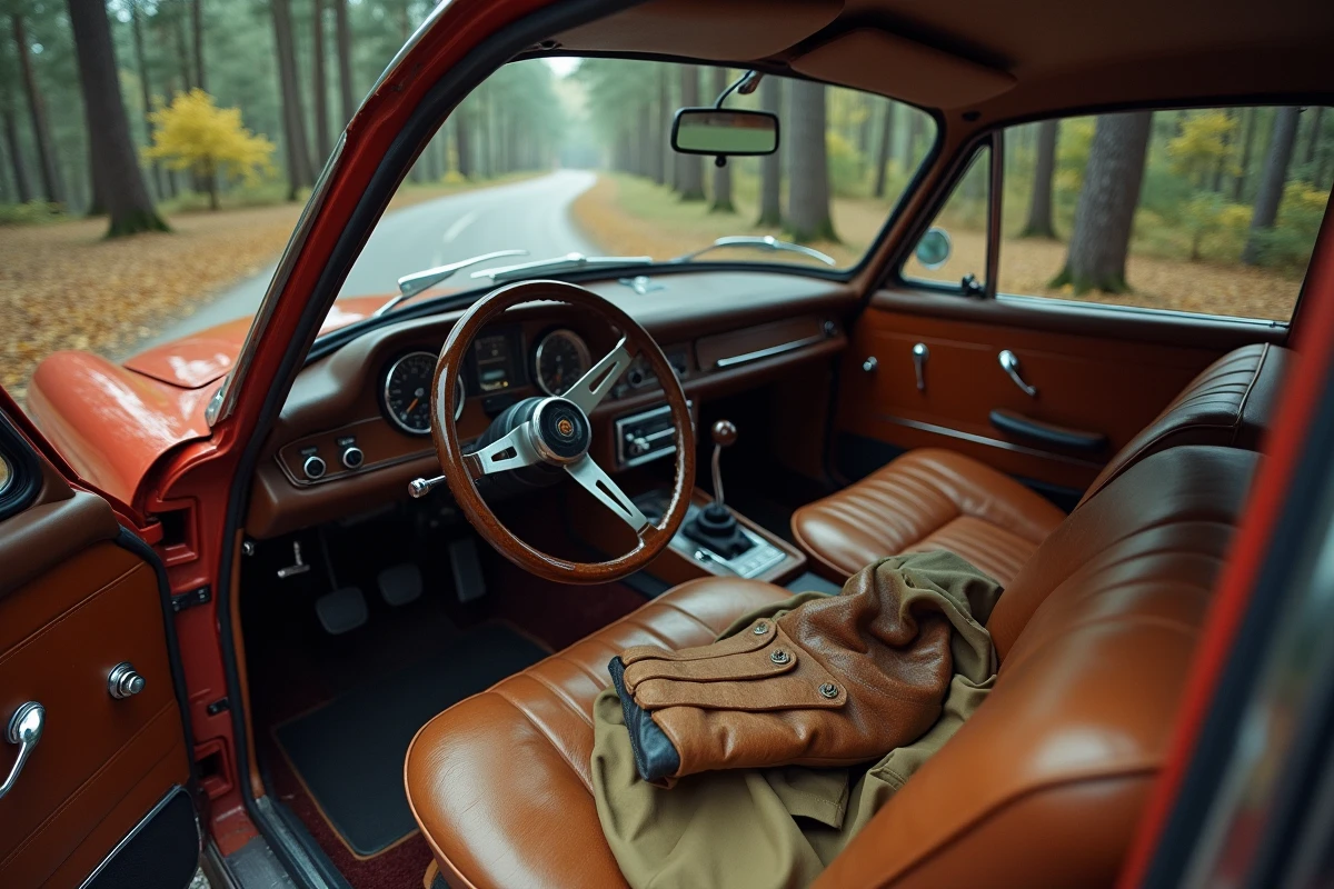 Voiture française des années 60 dans la forêt automnale
