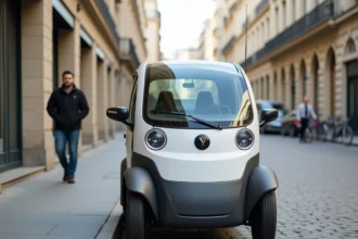 Voiture sans permis électrique compacte garée sur un trottoir urbain en France, vue trois quarts avant