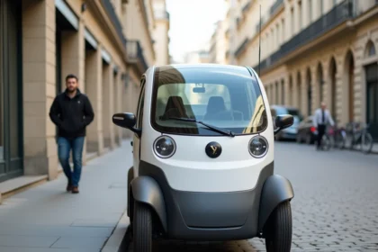 Voiture sans permis électrique compacte garée sur un trottoir urbain en France, vue trois quarts avant